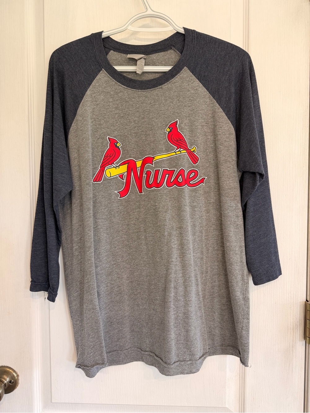 Next Level Apparel Gray & Navy Raglan Tee with Red Nurse Graphic